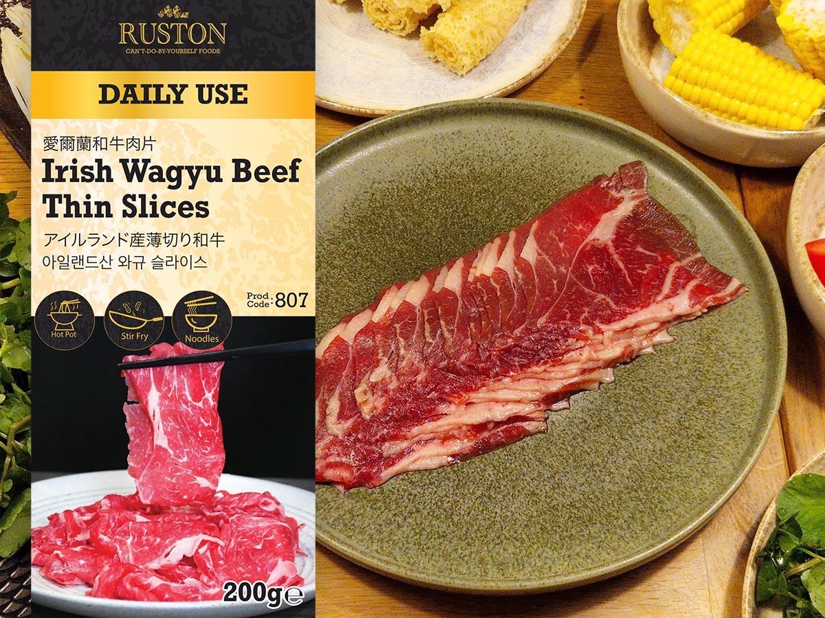 Irish Wagyu Beef Thin Slices on a plate with Ruston packaging in the background
